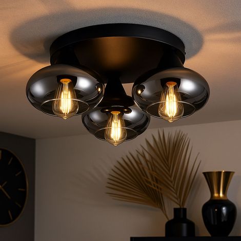 Deckenlampe Rauchglas Filament dimmbar Wohnzimmerleuchte Deckenleuchte rund Glaskugel, Metall schwarz, 3x 4W 470Lm warmweiß, DxH 39x15 cm