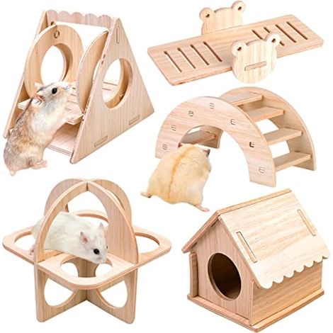 Jouets pour Hamster en Bois - 5 Pièces DIY Cachette Maison Pont Bascule Balançoire - Accessoire d'Entraînement pour Cage de Gerbilles, Hamster Nain, Chinchilla (1/5)