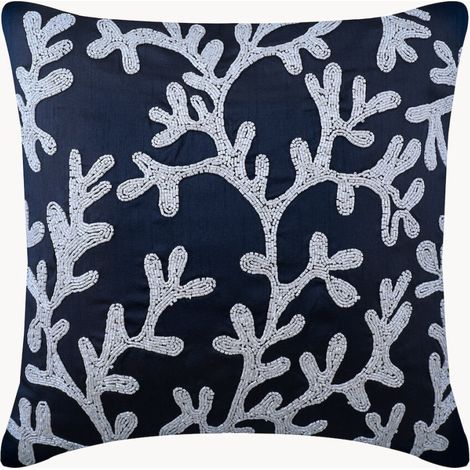 Marineblauer Kissenbezug (45 x 45 cm), Korallen- und Meeresmotiv, Strandmotiv, passend für Kissenfüllungen 45 x 45 cm, mediterranes Blumenmuster