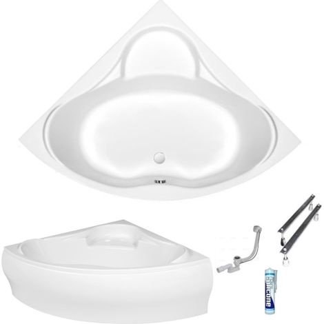 ECOLAM Baignoire d'angle Venus 150x150cm  tablier en acrylique  siphon + silicone  Belle forme  set complet (1/5)