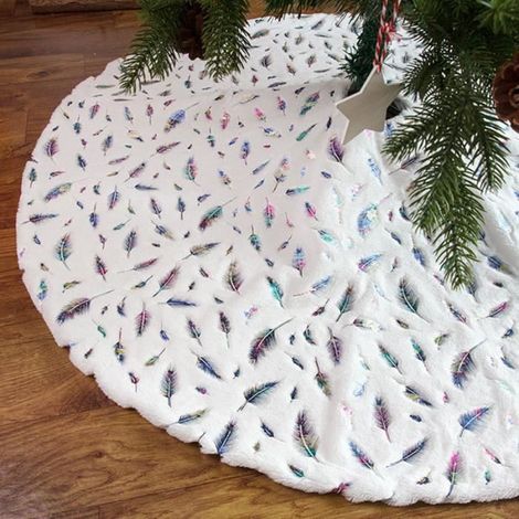 Jupe de Sapin de Noël, 120cm Peluche Jupe Arbre de Noël,Fausse Fourrure Jupe de Sapin de Noël pour Noël Décoration,Plumes (1/4)