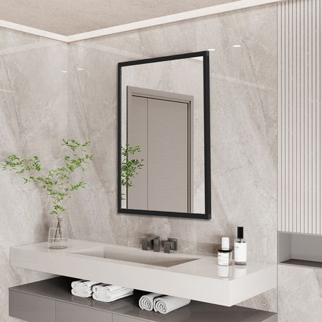 Wall-Mounted Mirror for Bathroom Dressing Room Bedroom Corridor Aluminum Alloy Black Framed Wall Mirror, Rectangular 120 x 76cm
