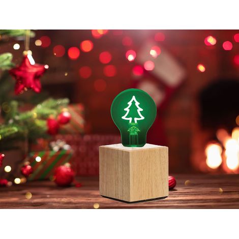 Tischlampe Würfel Holz Eiche mit Deko LED Glühbirne Tannenbaum, Quadrat 9cm (1/5)