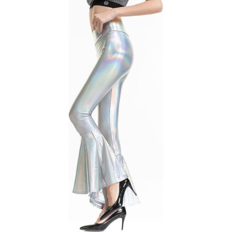 Damen-Schlaghose, Meerjungfrauenhose mit weitem Bein, Metallic-Hippiehose Xinmu-L-Laser Silber