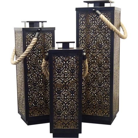 Kit mit 3 dekorativen Metall-Laternen mit Kerzenhalter mit Gold verziert innen h 69 cm -Schwarz