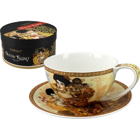 Tasse und Untertasse Gustav Klimt Adela, cremefarbenes Porzellan, Geschenk (1/4)
