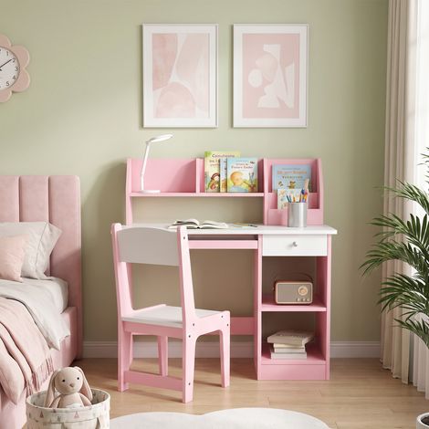 Bureau enfant pour 5-8 ans avec chaise, étagère, tablette coulissante et tiroir, rose (1/5)