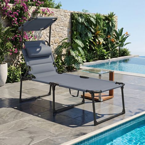 Bain de soleil chaise longue pliante avec pare-soleil, appuie-tête inclinable en tissu Oxford 70 x 200 x 45 cm gris (1/5)