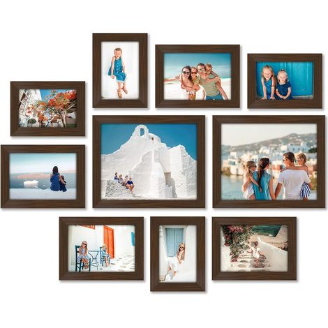 Lot de 10 Cadres Photos - Cadre Photo Multiple avec Deux 20x25 cm, Quatre 13x18 cm et Quatre 10x15 cm - Décoration Murale et Collages avec Verre Résistant aux Chocs - Noyer (1/5)