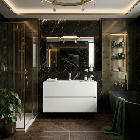 Mobile bagno sospeso 100x45 cm bianco lucido con 2 cassetti e lavabo incluso – Soria
