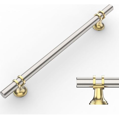 Lot de 10 poignées de meuble nickel et doré 192mm, alliage d'aluminium, avec vis, pour tiroirs et placards. (1/5)