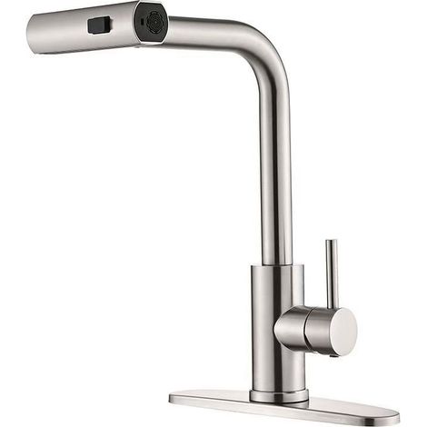 Cross-border 304 stainless steel pull-out kitchen faucet, hot and cold water, for household use in dishwashers, sinks, and vegetable basins - brushed finish [three water flow settings with base].