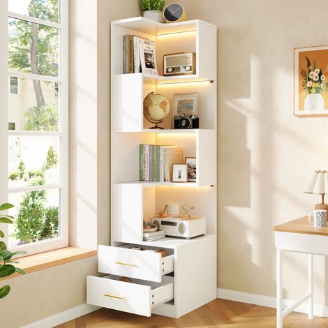Étagère d'angle 165 cm en bois blanc, gain de place avec LED, pour salon et chambre FloraGrace (1/5)