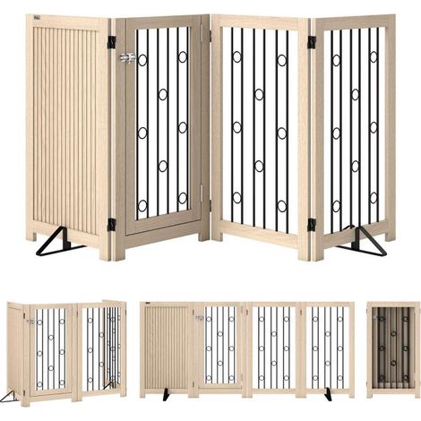 Barrière pour animaux autoportante, barrière pour chien avec porte, 4 panneaux, pour couloir, escalier, encadrement de porte, MDF, acier (1/5)