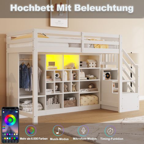 Lit mezzanine 90x200 cm avec rangements intégrés, armoires à compartiments et penderie simple, éclairage LED, cadre de lit et échelle latérale avec stockage, blanc. (1/5)