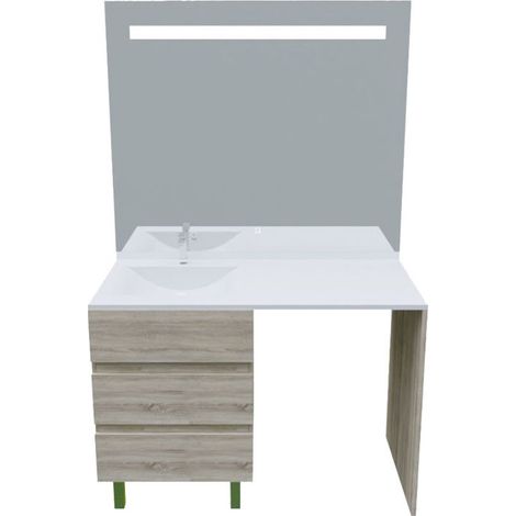 Meuble lave-linge KORA avec plan vasque déportée + Miroir Elégance- Bois- Vasque à gauche