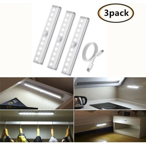 3pcs Lampe Détecteur de Mouvement,10LED Lampe de Placard,USB Rechargeable Veilleuse LED,Lampe Escalier-Blanc (1/4)