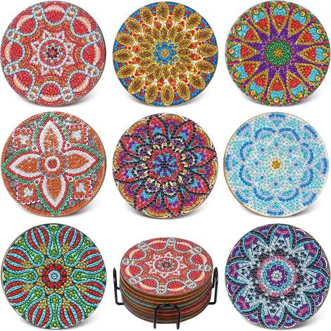 Lot de 8 dessous de verre en céramique 5D DIY - Dessous de verre - Décoration boho - En bois avec support - Convient pour verres à vin-B (1/5)