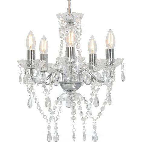 Lustre rond en perles de cristal argentées avec 5 douilles E14. (1/5)