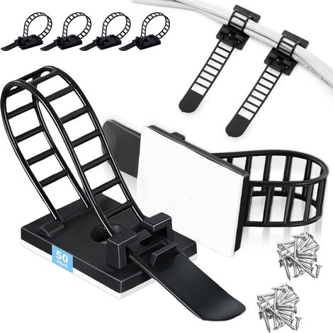 Lot de 50 clips de câble autocollants avec serre-câbles, plus 50 vis, double fixation, réutilisables, pour bureaux, murs, armoires (1/5)