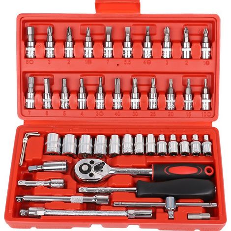 Set de clés à cliquet quarante six pièces un quart de pouce avec douilles et extension pour réparation automobile et domestique (1/5)