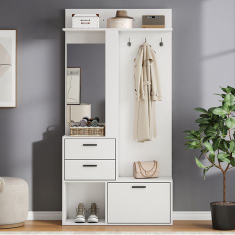 Armoire meuble rangement 90x30x180 cm miroir MDF blanc HAVRYA (1/5)