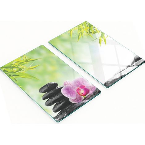 Juego de dos tablas de cocina de cristal con dise帽o de orqu铆deas y piedras, 2x30x52 cm.