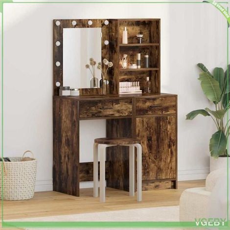 Ensemble de coiffeuse 2 pcs - FAF7291712450259 - Chêne fumé - Miroir LED tactile - Rangement tiroir & 3 étagères (1/5)