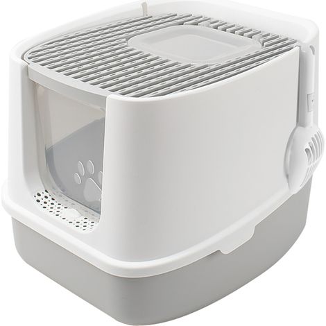 Grand bac à litière pour chat entièrement fermé, entrée avant, sortie supérieure, toilettes avec couvercle et pelle (1/5)