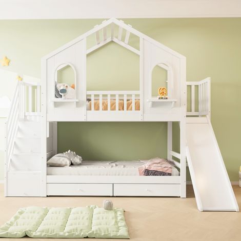 Lit superposé maison 90x200 cm blanc avec toboggan, échelle rangement et tiroirs - Lit double enfant (sans Matelas) (1/5)