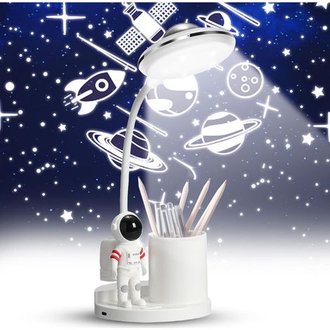 Lampe de bureau LED pour enfants Lampe de chevet avec porte stylo et projection Protection des yeux Rechargeable Intensité variable