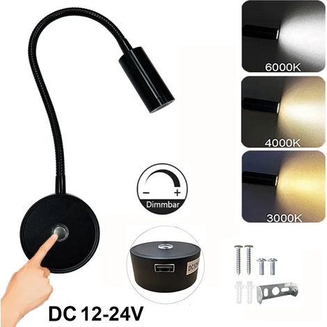 Applique murale LED, dimmable avec 3 couleurs de lumière, lampe de lecture avec bras flexible, interrupteur tactile et connexion USB (12-24 V) pour une utilisation intérieure dans les camping-cars, ca (1/5)