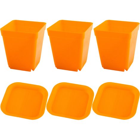 3 pots de pépinière carrés, plastique résistant UV, avec soucoupes et trous de drainage, pour semis et décoration intérieure (1/5)
