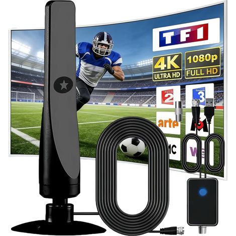 Antenne TV Intérieur, Antenne TNT HD Intérieure avec Amplificateur de Signal Intelligent, Câble Coaxial 3M, Compatible HD TV 1080P 4K VHF UHF, Réception Toutes Les Chaînes (1/5)