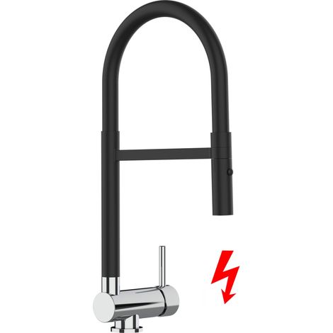 NIEDERDRUCK Unterfenster Wasserhahn Vorfenster Umklappbar 6 CM Verchromt und Schwarz Matt Küchenarmatur mit 360° schwenkbarem schwarz Auslauf und abnehmbare 2 strahl Handbrause (1/5)