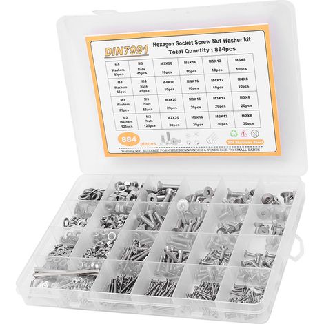 Lot vis à tête fraisée hexagonale M2 M3 M4 M5 acier inox 304 avec écrous rondelles et coffret (1/5)