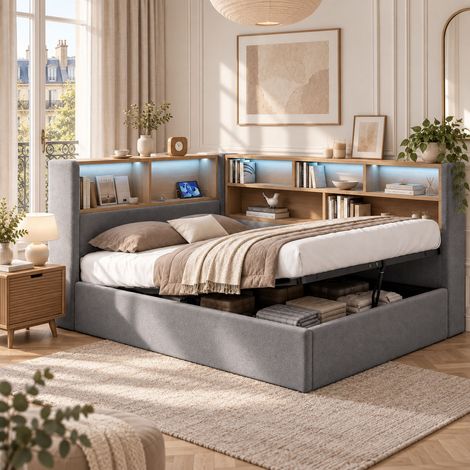Lit rembourré 140x190 cm en velours gris, coffre hydraulique, LED, USB Type-C, rangements tête et côté, sommier inclus, sans matelas (1/5)