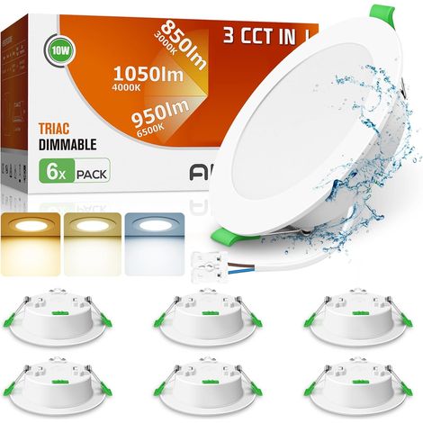 3CCT Spot LED Encastrable Dimmable 10W IP44 Trou 90-100MM Lot de 6 Extra Plat Éclairage Encastré Etanche Salle de Bain, 3000K Chaud 4000K Neutre 6500K Froid, AC220-240V, Blanc (1/5)