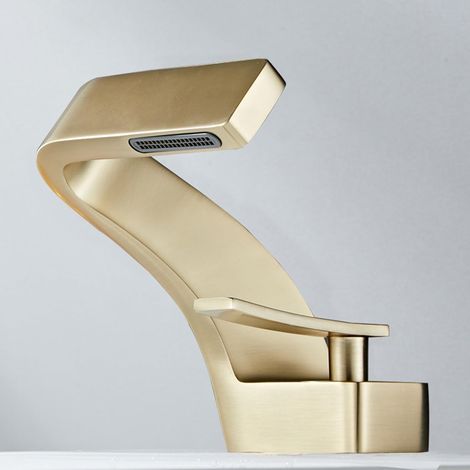 Mitigeur lavabo or brossé cascade, robinet salle de bain moderne à levier unique, mélangeur eau chaude froide avec bec cascade élégant, finition luxueuse (1/5)