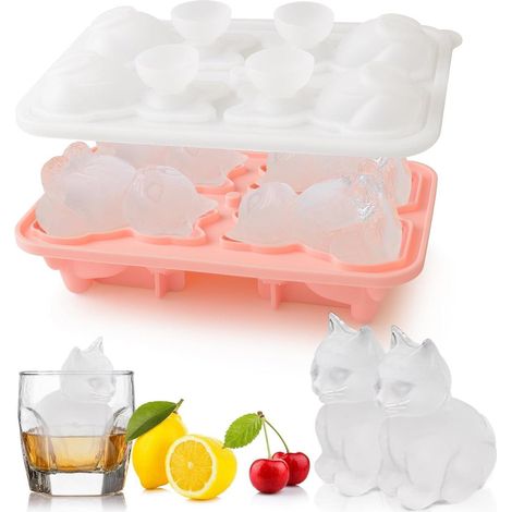 Silikon Eiswürfelform mit Deckel, 4er Katzen-Eiswürfelbehälter für Cocktails