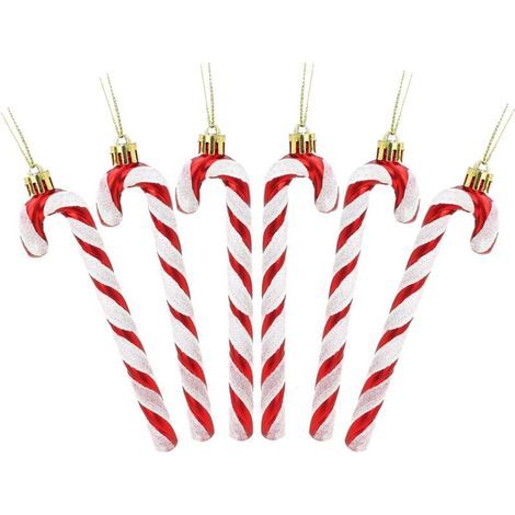 Pack of 6 13cm Glitter Candy Cane Christmas Tree Decorations (Red & White) (1/5)