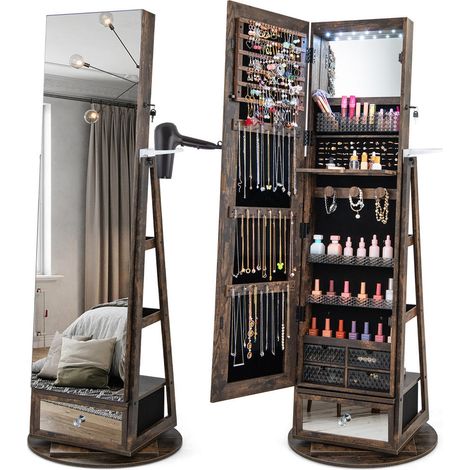Rangement bijoux et maquillage simplifié, armoire avec miroir pleine longueur, étagère rabattable, verrouillable (1/5)