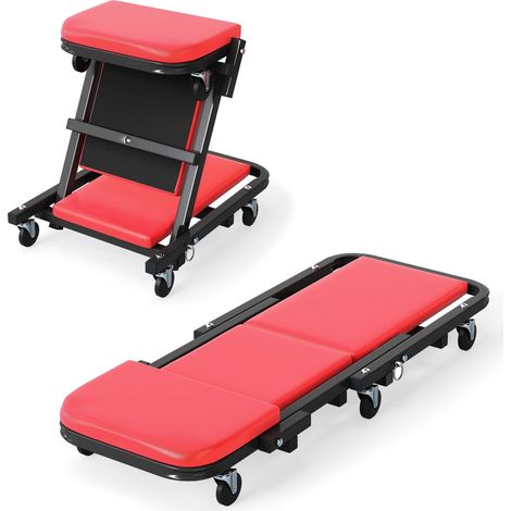 GOPLUS Chariot d'Atelier en Forme de Z, Plateau d'Atelier Pliable 2 en 1, Planche de Montage Roulante avec Siège Rembourré et 6 Roues, Fonction Assise et Couchée, pour Réparation Automobile (Rouge) (1/5)