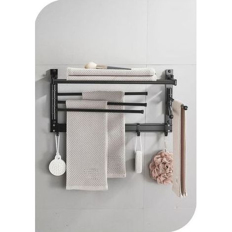 TAISHENGDA - Schwenkbarer Handtuchhalter aus Aluminium zur Wandmontage - Bewegliche Haken und 90°-Ablage - Kein Bohren erforderlich - Platzsparend für Waschküche und Badezimmer (50 cm, 5 Stangen, Schw (1/5)