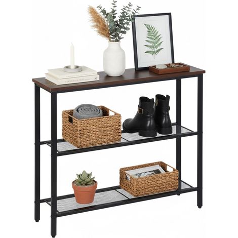 Console Relaxdays, HxLxP: 75 x 80 x 23 cm, metallo, MDF, console stretta, tavolino con 3 ripiani, marrone/nero.