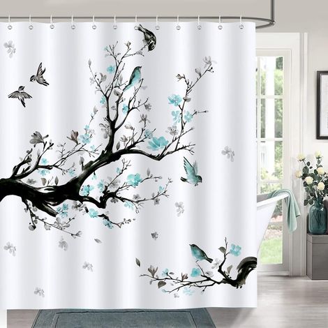 e Rideau de Douche Fleur Bleu Oiseau Branche Rideau de Bain Tissu Polyester Anti Moisissure Imperméable Lavable Rideaux Salle de Bain 180 x 180 cm avec 12 Crochets pour Baignoire (1/5)