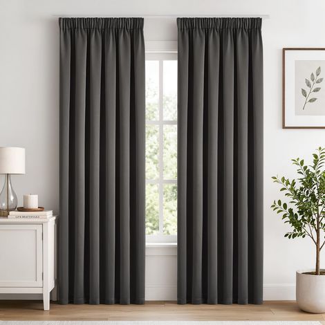 Rideau occultant Thermique Galon fronceur 2 Pièces L140xH220 Gris Rideau totalement occultant, isolant chaud et froid, atténue les bruits, équipé d'un galon fronceur pour salon et chambre (1/5)