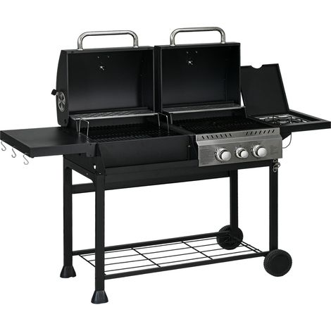 Gasgrillwagen Mit 2+1 Brenner, Thermometer, 3Kw, Bbq Holzkohlgrill, Regal, Seitenablage, Haken, Camping, Schwarz