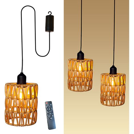 Lot de 1 lustre à intensité variable avec télécommande, lustre décoratif en rotin avec ampoule, suspension à piles (1/5)