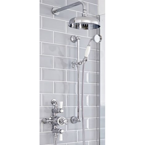 Milano Elizabeth 2 Outlet Exposed Triple Thermostatic Mixer Shower Valve with Round Rainfall Shower Head and Riser Rail Kit - Chrome & White (1/5)